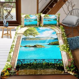 Bedding Sets Beautiful Scenery Villa Set Bed Cover Floral Trees Sea Island Duvet With Pillowcase 2/3Pcs Home Decor Bedclothes