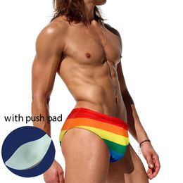 Men's Swimwear Rainbow Striped Men Fashion Lace Up Elastic Band Push Pad Briefs Beach Surf Swimming Holiday Fast Dry Short J220913