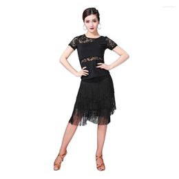 Stage Wear Fashion Women Dance Clothes Salsa Samba Class Dress Short Sleeves Spandex Top Lace Latin Costume Fringe Skirt