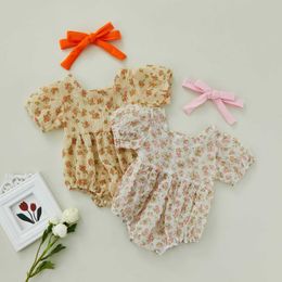 Rompers New Summer Clothes Newborn Baby Girls Fashion Flowers Printed Puff Short Sleeve Romper Jumpsuit Headband 2 Piece Outfit Sunsuit J220922