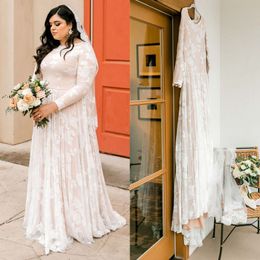 Plus Boho Size Wedding Dresses Bridal Gown Beach Country Long Sleeves Scoop Neck Lace Full Length A Line Custom Made Vestido De Novia