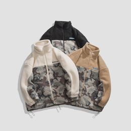 Men Fuzzy Fluffy Lambswool Jackets Parkas Streetwear Winter Harajuku Camouflage Color Block Patchwork Thick Warm Fashion Coats