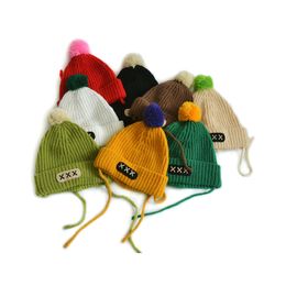 M501 Autumn Winter Baby Kids Knitted Hats Wool Ball Skull Caps Candy Colour Lace Up Children Knitting Warm Beanie Hat