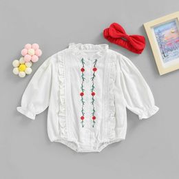 Rompers Infant Baby Girl Sweet Jumpsuit Floral Embroidery Long Sleeves Ruffled Round Neck Button Romper Bow Headband J220922