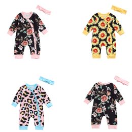 Rompers Baby Autumn Clothes Newborn Girl Cotton Floral Romper Long Sleeve Button Jumpsuits With Headband Outfit J220922