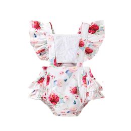 Rompers Lovely Newborn Baby Girls Romper Floral Print Lace Stitching Fly Sleeve Ruffles Playsuit Jumpsuits 012M Summer Outfits J220922