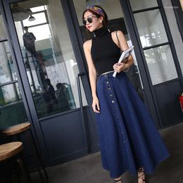 Skirts Women Single Breasted Long Maxi Jeans Skirt Pleated Casual Vintage Bottom Female Elegant High Waist Denim 60185