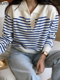 Women's Sweaters Kimotimo Autumn Hit Color Striped Knitted Sweater Women New Turn Down Collar Casual Long Sleeve Sweater Korean Fashion Simple Tops J220915