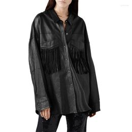 Women's Leather Women's & Faux Fringed PU Jacket Ladies Shirt Blouse 2022 Spring Autumn Single Breasted Solid Black Motorcycle Coats