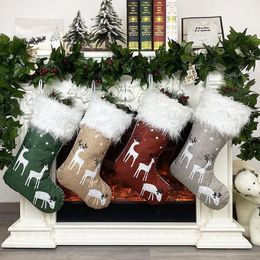 Christmas Decoration Stocking Deer Design Linen Non-woven Fabric Plush Stocking Xmas Red Green Gray Gift Socks GWB15697
