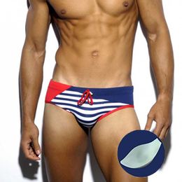 Men's Swimwear 2021 Sexy Push Up Pad Navy Stripes Print Short Breathable Summer Beach Gay Bikini Swimsuit Maillot De bain J220913