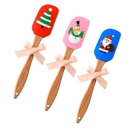 Silicone Scraper Christmas Butter Scraper Food Grade Small Silicone Spatula 3D Xmas Pattern Home Baking Wood Handle Kitchen Tools RRE14462