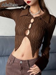 Women's T-Shirt Abdieso Brown Vintage Long Sleeve Crop Top Y2K Sexy Women Hollow Out Fashion 2022 Spring Autumn Button Casual T Shirts 90s T230104