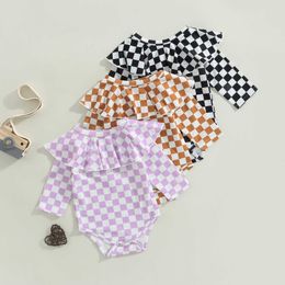 Rompers Autumn Baby Boys Girls Romper Long Sleeve Damboard Grid Flounce Low Ohals Romper Toddler Cotton Triangle Jumpsuit J220922