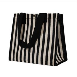 Korean Striped Handbag Canvas Women's Vegetable Shopping Bag Carrying Lunch Bags Kitchen Storage Organisation RRE14463