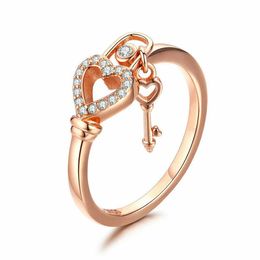 wedding ring lock Australia - New 925 Silver Rose Gold Plated Heart key and Lock Cubic Zircon Wedding Ring For Women241V