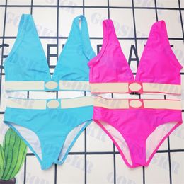V Neck Bikini Set Gold Print Swimsuit For Women Blue Pink Ladies Split Swimwear