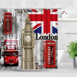 Shower Curtains London Street View Big Ben Red Phone Booth Bus Printing Retro Wall Decor Cloth Screen Hooks Bathroom Curtain Set