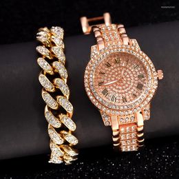 Wristwatches Iced Out Rose Gold Silver Color Watch Women's Luxury Rhinestone Cuban Chain Bracelet Watches Fashion Wrist Hip Hop Jewelry