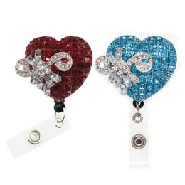 10PCS/Lot Rhinestone Key Ring Red Love Heart Nurse Medical Gift Retractable ID Name Badge Reel Holder For Doctor Student Office Staff