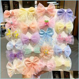 Hair Clips Barrettes Hair Clips Netting Bow Hairpin Suit Children Fabric Art Hemming Duckbill Side Clip Lovely Girl Yarn Solid Colour Dh1Xn