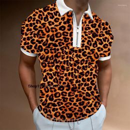 Men's Polos Summer Men Polo Shirt Leopard Print Casual Short Sleeve Tees Male Turn-Down Collar Zipper Design Leisure Fashion Pullover