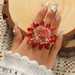 Luxury Big Sunflower Ring for Women Boho Red Blue Champagne Colour Zircon Crystal Ring Unusual Bridal Wedding Party Gift