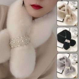 Scarves Fashion Pearl Buckle Women Cross Scarf Soft Plush Winter Warm Neck Warmer Elegant Faux Rabbit Fur Collar Ladies Snood Y2209