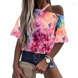 Women's T Shirts Women's T-Shirt Plus Size Women Sexy One Shoulder Fashion Tie Dye Loose Tshirt Hanging Short Sleeve Top Summer