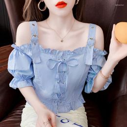 Women's Blouses #7241 Blue White Off Shoulder Womens Tops And Ruffles Slash Neck Bandage Sexy Slim Puff Short Sleeve Blouse Femme Summer