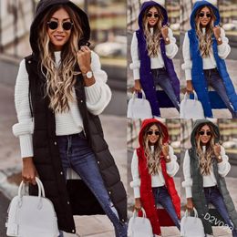 Women's Vests Women's Winter For Women Long Fashion Sleeveless Cotton Hooded Jackets Vest Solid Colour Zipper Warm Streetwear Waistcoat