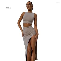 Women's Tracksuits Summer Fashion Pure Colour 2 Two Pieces Set Expose Crop Top Sexy High Waist Side Slit Long Skirt Street Style 2022