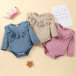 Rompers 024M Spring Autumn Newborn Baby Girl Button Romper Toddler Cotton Solid Colour Knitted Ribbed Long Sleeve Jumpsuit baby Clothes J220922