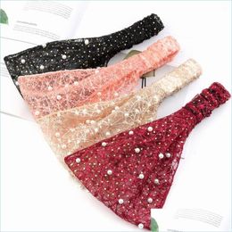 Headbands Lace Pearl Hair Band Summer Wide Edge Ventilation Sports Outdoors Headgear Women Elastic Head Scarf Jewelry Accessories Fas Dhmro