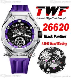 TWF 42 A2965 Hand Winding Mens Watch Tourbillon Titanium Steel Case 3D Black Panther Dial Purple Rubber Strap 2022 Super Edition Watches Pureitme B2