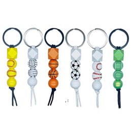 Wooden Beaded Keychain Pendant Sports Basketball Football Baseball Tassel Keychains Wooden Bead Key Chain Keyring JNB15691