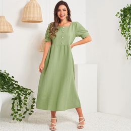 Casual Dresses Summer Midi Dress Women 2022 Green Vintage French Palazoo Style Square Neck Puffy Short Sleeve Bottons Slim Sweet Long