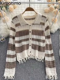 Women's Sweaters Kimotimo Hollow Striped Tassel Knitted Vest Women Autumn Contrast Colour Long Sleeve Sweater French Chic Loose Fashion Tops J220915