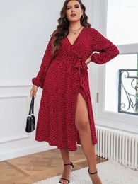 Plus Size Dresses Women Vintage Red Dot Prined Midi Dress Sexy V Neck Long Sleeve Wraped Autumn Winter Clothing Split Party 2022