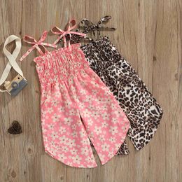 Rompers 16Y Toddler Girls Jumpsuit Leopard Floral Print Pleated Sleeveless Jarret Summer Princess Jumpsuit Long Pants J220922