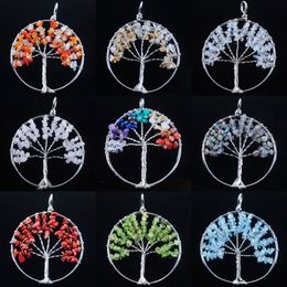 Natural Chips Stone Pendant Necklace Pendulum Tree of Life Round Reiki Wicca Witch Amulet Fashion Jewellery For Women BN327