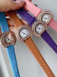 Vintage Geometric Semicircle Shape Watches Female Genuine Leather Quartz Wristwatch Women Roman Numerals Watches White Dial Double Diamond Clock 33mm
