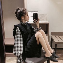 Casual Dresses 2022 Autumn Winter Korean Plaid Long-sleeved Shirt Women's Mid-length Knitted Sweater Vest Dress Spring Two-piece Suits
