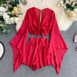 Women's Tracksuits 2022 Summer 2 Piece Outfits For Women Flare Sleeve Crop Top Broad-legged Shorts Fashion Ladies Sexy Solid Chiffon Suit