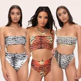 Women's Swimwear Women's Sexy Women Leopard High Waisted Bikini Set Strapless Bandeau Push-up Bra Swimsuit Bathing Suit Beachwear