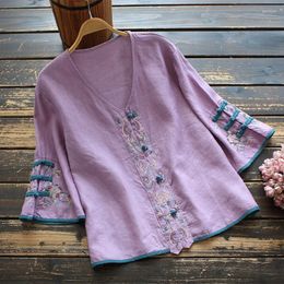 Ethnic Clothing Chinese Style Thin Vintage Top Comfort Women Clothes Cheongsam Traditional Embroidery Shirt Blouse Hanfu Loose T-shirtEthnic