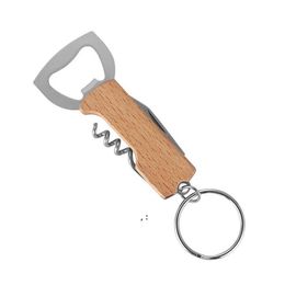 Beech Beer Bottle Opener Multifunctional Stainless Steel Corkscrew Wooden Keychain Portable Folding Knife Keychains Kitchen Tools JNB15687