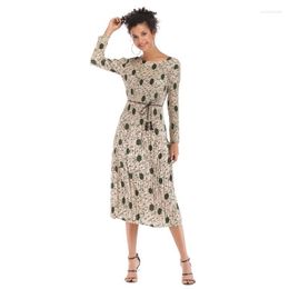 Casual Dresses 2022 Summer Women Beach Lace Up Dress Lady Long Sleeve Loose Vintage Shift Elegant Floral Midi Polka Dot Chiffon