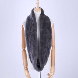Scarves New Winter Women's Genuine Real Rex Rabbit Fur Hand Knitted Scarf Infinity Cowl Ring Wraps Snood Street Fashion Y