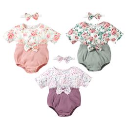 Rompers Baby Girls Jumpsuit Set Floral Print Short Sleeve Patchwork Shorts Romper With Bow Headband Summer Toddler Outfits J220922